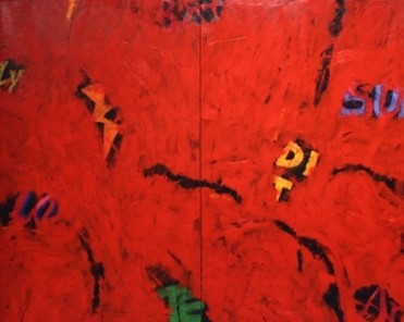 A vibrant red abstract painting with partial, obscured letters in various colors