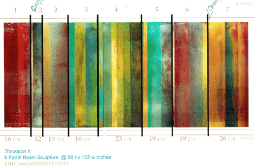 colorful abstract artwork consisting of vertical stripes of various hues, including red, yellow, green, and brown tones.